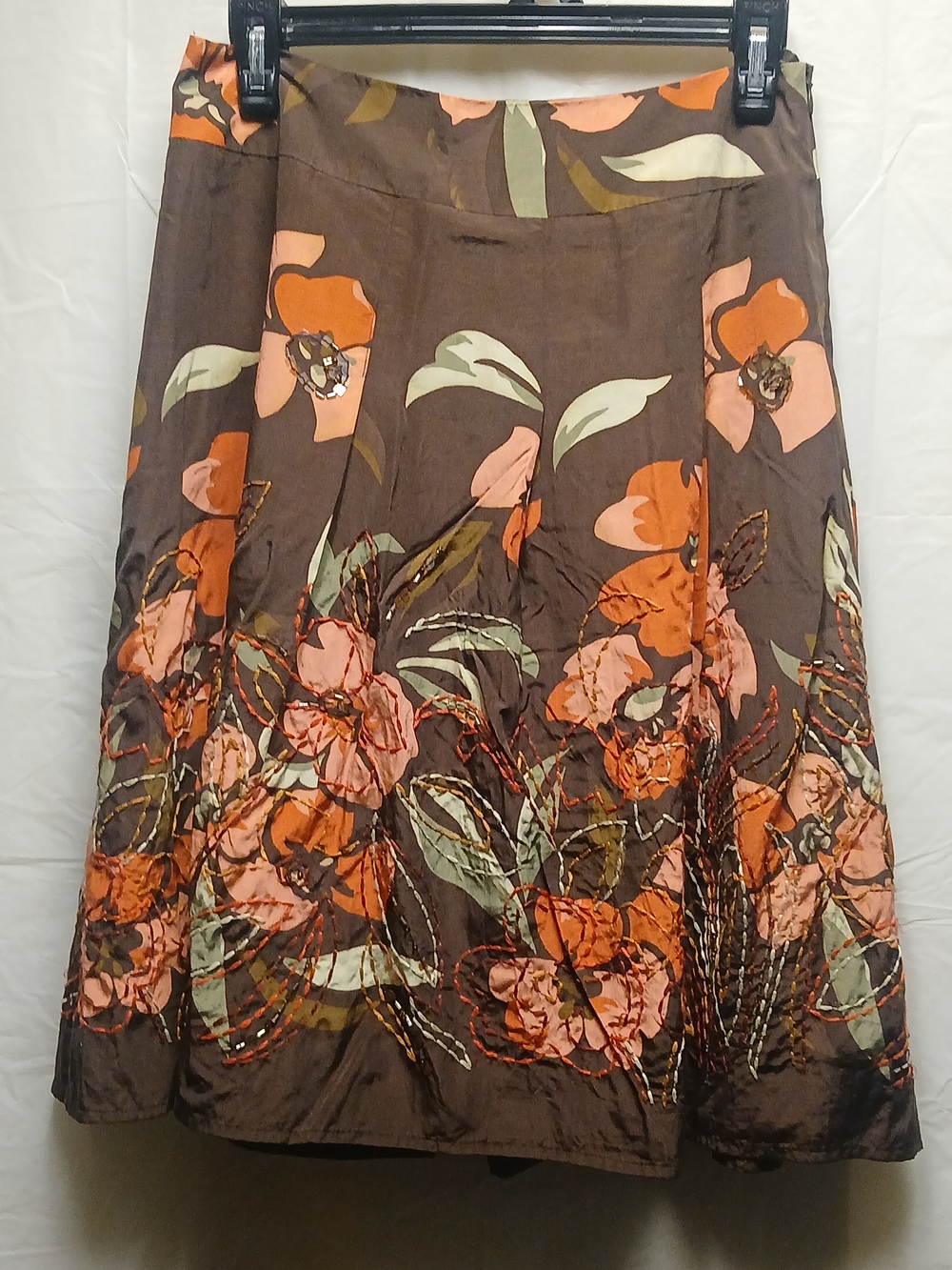 Talbots Brown Floral A-Line Skirt with Sequined & Beaded Orange & Peach Blooms